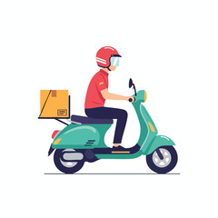 A person on a green scooter, wearing a red helmet and shirt, delivering a package