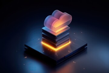 Abstract digital cloud stack glows with orange and blue light on dark background