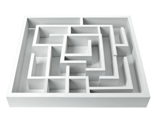 A 3D rendered, monochromatic white, square labyrinth puzzle isolated on a solid black background, showcasing complexity