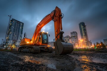 Orange excavator sits ready in muddy, dimly lit urban construction site at dusk