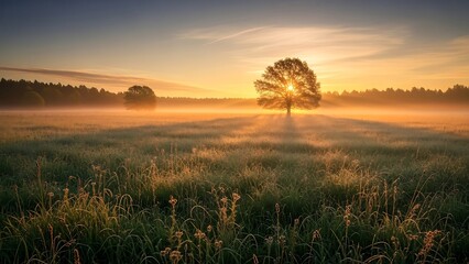 Golden Sunrise Illuminating a Lone Tree in a Misty Meadow.