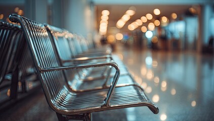Empty metallic waiting area seats in a modern, dimly lit airport lounge