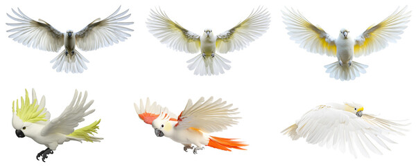 White cockatoo birds flying transparent background