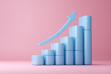 A stylized 3D graph shows an upward trend with pastel blue bars and an arrow