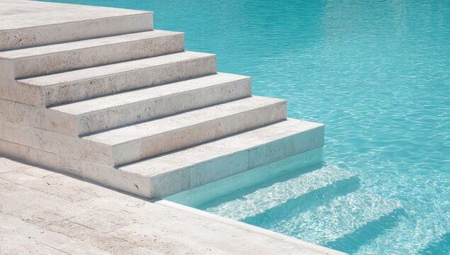 Light stone steps descend into bright, shimmering turquoise pool water - Powered by Adobe