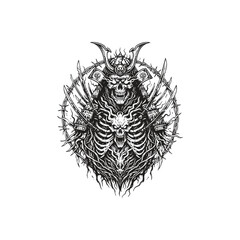 Obraz premium Dark vintage etching of a Gashadokuro skeletal samurai ghost in ornate armor with tattered robes and a crown of thorns