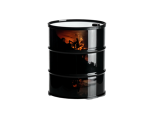 A black oil barrel displays scenic silhouette of industry and nature, incorporating dark orange and browns against a black backdrop