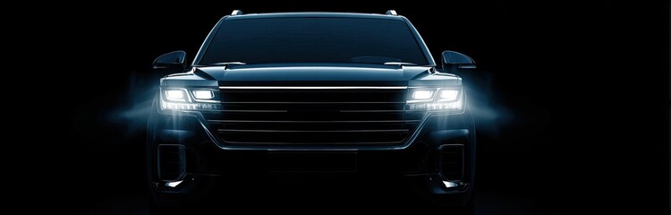 Dark, imposing SUV with bright headlights piercing the night