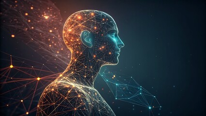 Abstract human silhouette composed of luminous data lines and glowing particles against a dark background