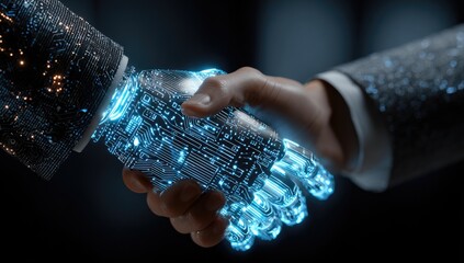 Human and robotic hand shaking, glowing with digital circuits