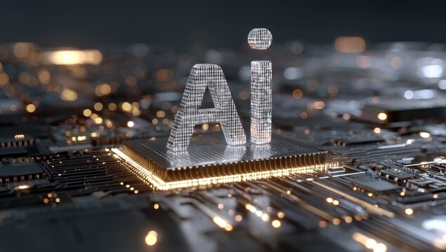 Transparent AI lettering glowing on a futuristic circuit board, signifying advanced technology - Powered by Adobe