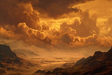 Fototapeta premium Dramatic alien landscape with fiery skies and rugged terrain under heavy clouds