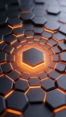 Black Hexagon Glowing Grid Pattern, Modern Geometric Texture for Digital Background, Abstract Structure, Light Effect and Futuristic Design Element