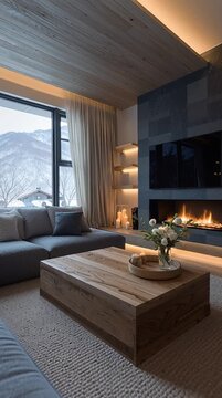 Cozy Winter Cabin Interior: A luxurious cabin interior with a warm fireplace, a wooden coffee table, and an expansive window overlooking a snow-covered landscape.