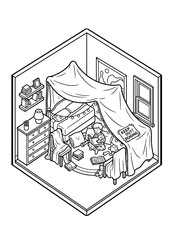 Fototapeta premium authentic human lifestyle concept Cozy Isometric Bedroom Scene with Child Reading in a Blanket Fort - Black and White Coloring Page Illustration modern commercial stock usage