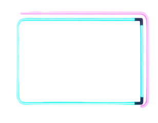 A black rectangle is framed by neon-like lines. The top and right sides have pink, and the other sides are turquoise. It has a rounded edge
