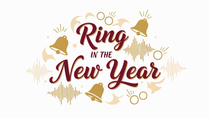 Vibrant celebratory illustration ringing in the new year with festive golden bells, elegant typography, and dynamic sound wave elements for holiday greetings and seasonal cheer