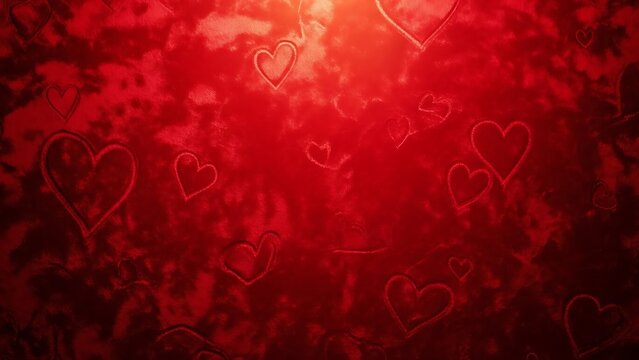 Heart shapes scattered across a vibrant red background with a warm glow effect