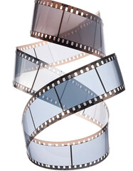 A 3D render of a glossy film strip spiraling downwards. It is transparent showing a light blue interior. The edges are black