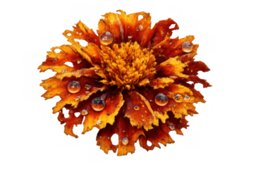 Marigold flower showing water drops on orange petals and green center on transparent background