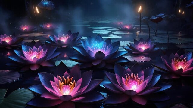 Glowing lotus flowers float on a pond at night