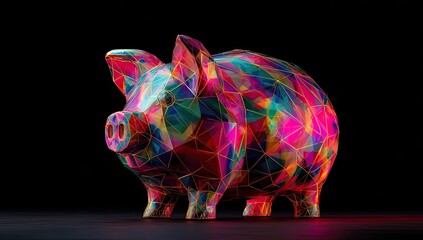 Vibrant polygonal piggy bank with golden wireframe against dark background