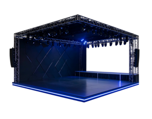 A 3D rendered, empty stage bathed in blue light. Features include trusses, spotlights, a raised platform, and geometric back panels
