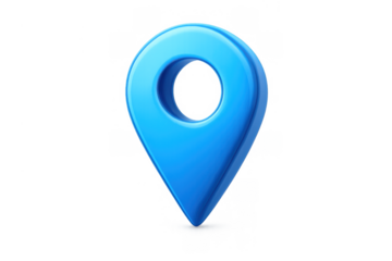 Blue 3d location pin icon representing map navigation, destination, and point of interest on transparent background