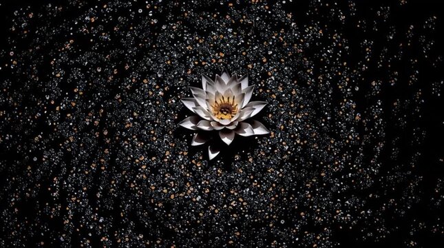 Lotus Blossom Emerges: A pristine lotus flower, its petals unfurling in delicate symmetry, floats amidst a sea of textured dark background, evoking a sense of serenity and spiritual awakening.