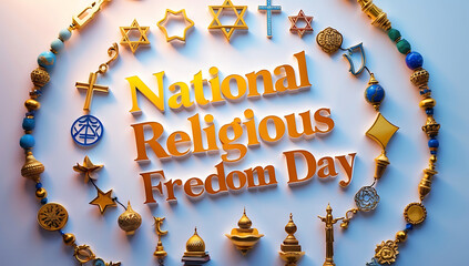 National Religious Freedom Day circular emblem with rosary elements and gold accents; 4K, HD