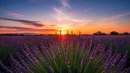 Lavender Field at Sunset - A Serene Landscape with Vibrant Colors.