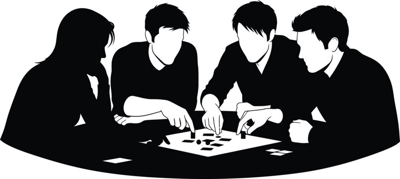 Group Playing Tabletop Game Vector Graphic Illustration High Contrast Black and White