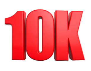 A bold, red 3D rendering of the numbers '10K' stands out against a black background, suggesting a large quantity