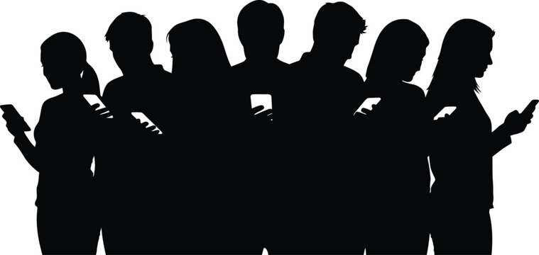 Group of diverse people silhouettes using mobile phones smartphone addiction and digital communication concept vector illustration