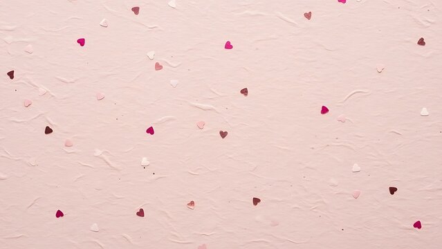 Scattered heart-shaped confetti on a textured pink background with varied shades and sizes