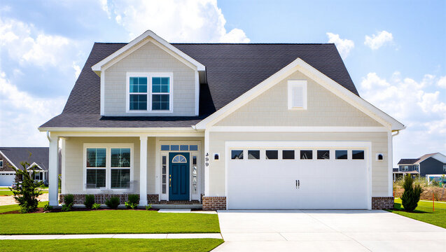 Suburban home with white garage and green lawn