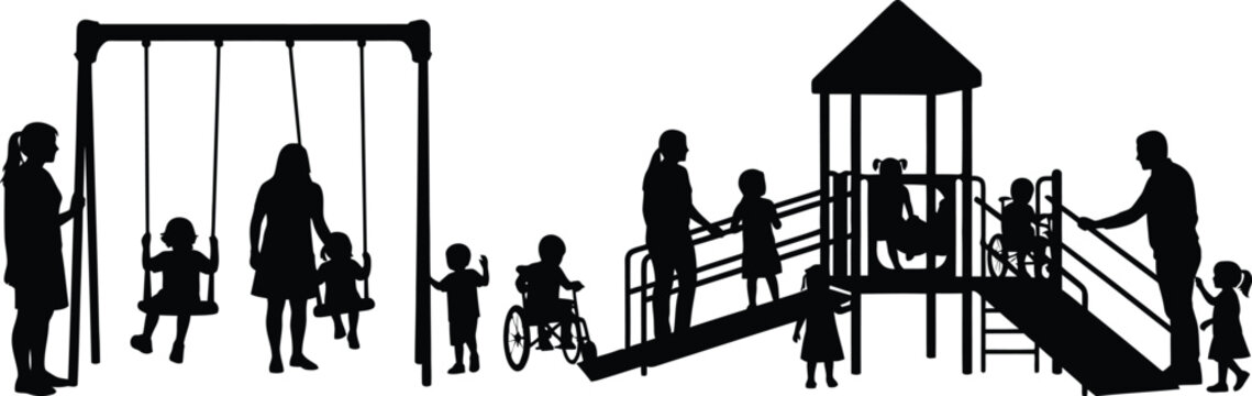 Diverse Children and Adults Playing on Accessible Playground Silhouette Vector Kids on Swings Slide and Wheelchair