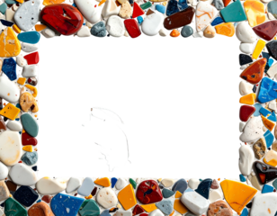 A border frame crafted from an array of colorful, irregular, small stones surrounds a blank black space
