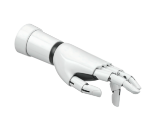A 3D render of a pristine, white mechanical arm extending, its fingers slightly curled as if reaching for something