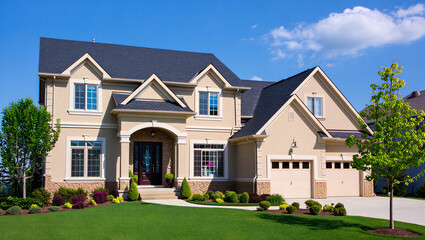 Large beige two story house with manicured lawn and blue sky