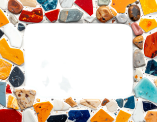 A border of colorful, irregularly shaped stone fragments surrounds a rectangular black space against a white backdrop