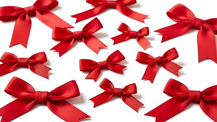 Collection of Red Satin Bows Scattered on a White Background.