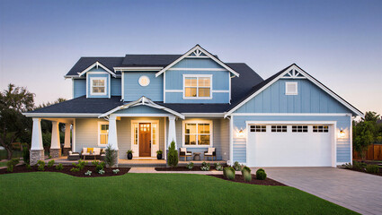 Beautiful blue two story house with white trim and garage
