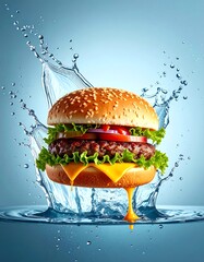 A juicy burger with sesame seed bun, lettuce, tomato, and cheese splashes out of water against a blue backdrop