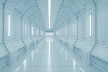 Obraz premium Long futuristic corridor with blue lighting panels and reflective glossy floor perspective