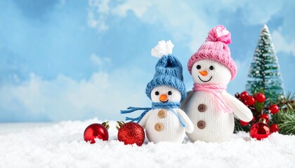 Three small snowmen with colorful hats and buttons standing on snowy surface against light blue background.