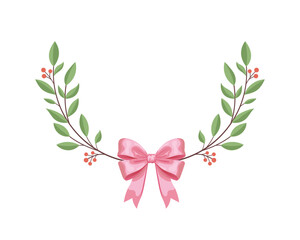 Elegant floral wreath illustration with green leaves, small berries, and a soft pink ribbon bow, perfect for invitations and decor.