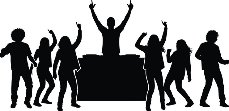 Dancing party crowd silhouettes with DJ graphic vector illustration black and white