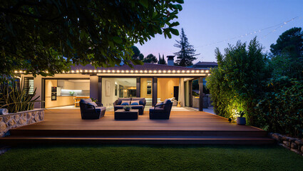Warmly lit outdoor patio area of a house at dusk or evening