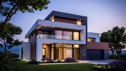 Modern multi level house with large windows and balcony at dusk